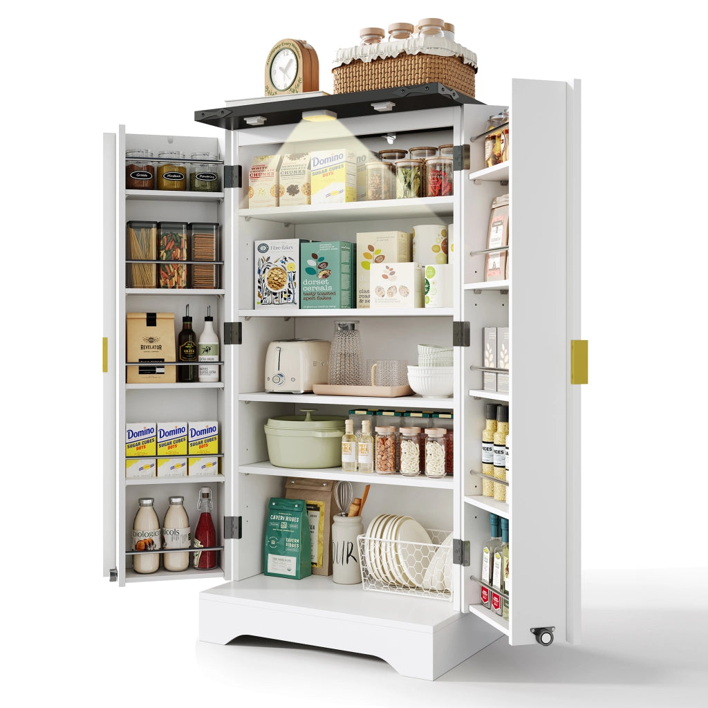 Dispensa alta con LED, 2 ante, ripiani regolabili e vani su porta, per cucina e soggiorno, bianco, 120 × 60,5 × 40 cm