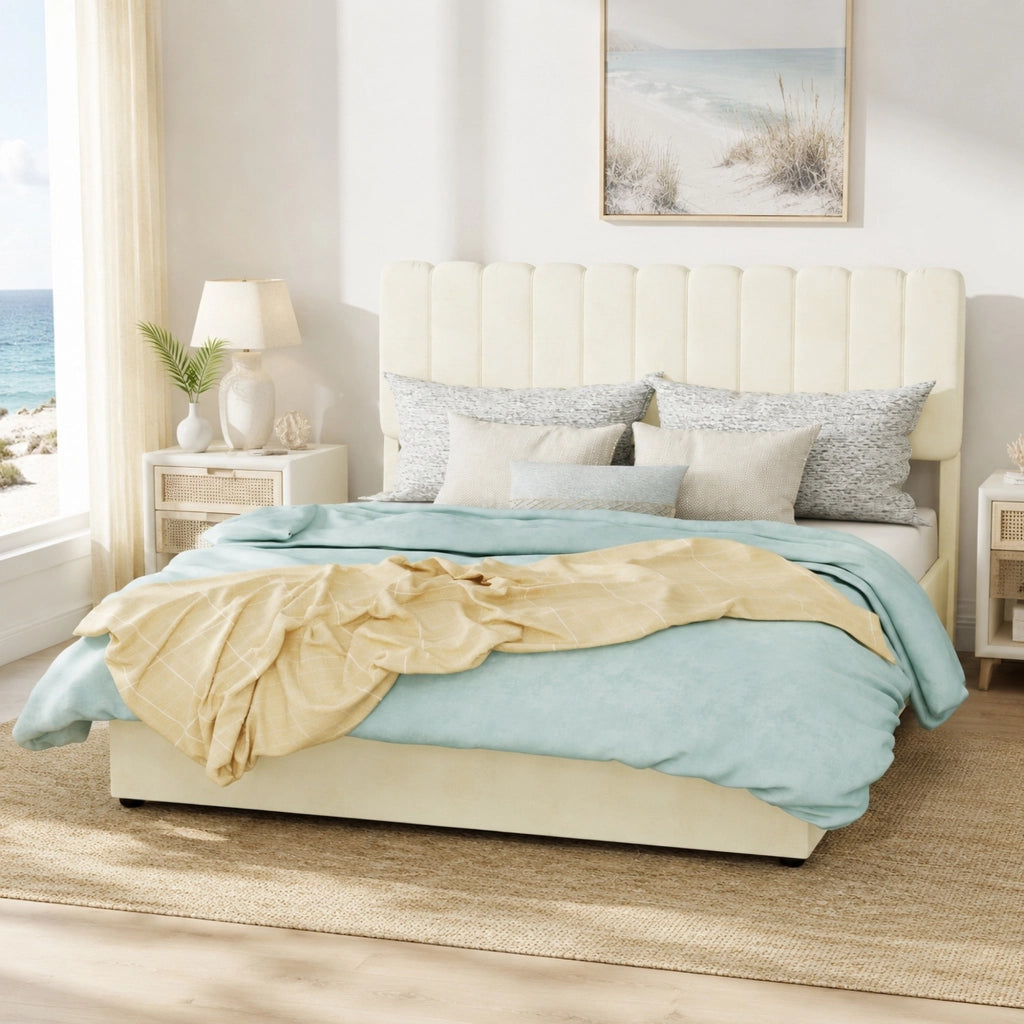 Letto moderno per materasso 140 × 200 cm in tessuto beige; struttura per camera da letto