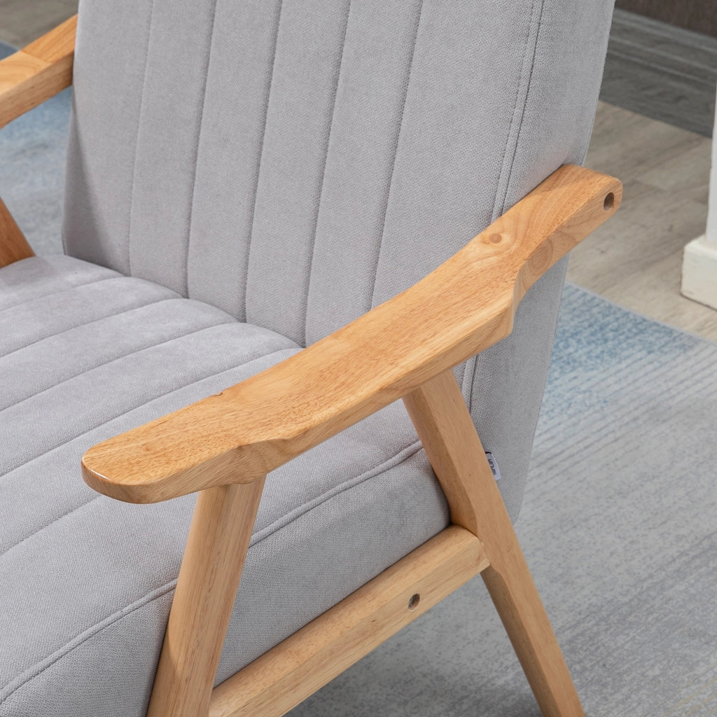 Poltrona lounge in stile scandinavo con braccioli, tessuto effetto velluto e gambe in legno di gomma, grigio chiaro