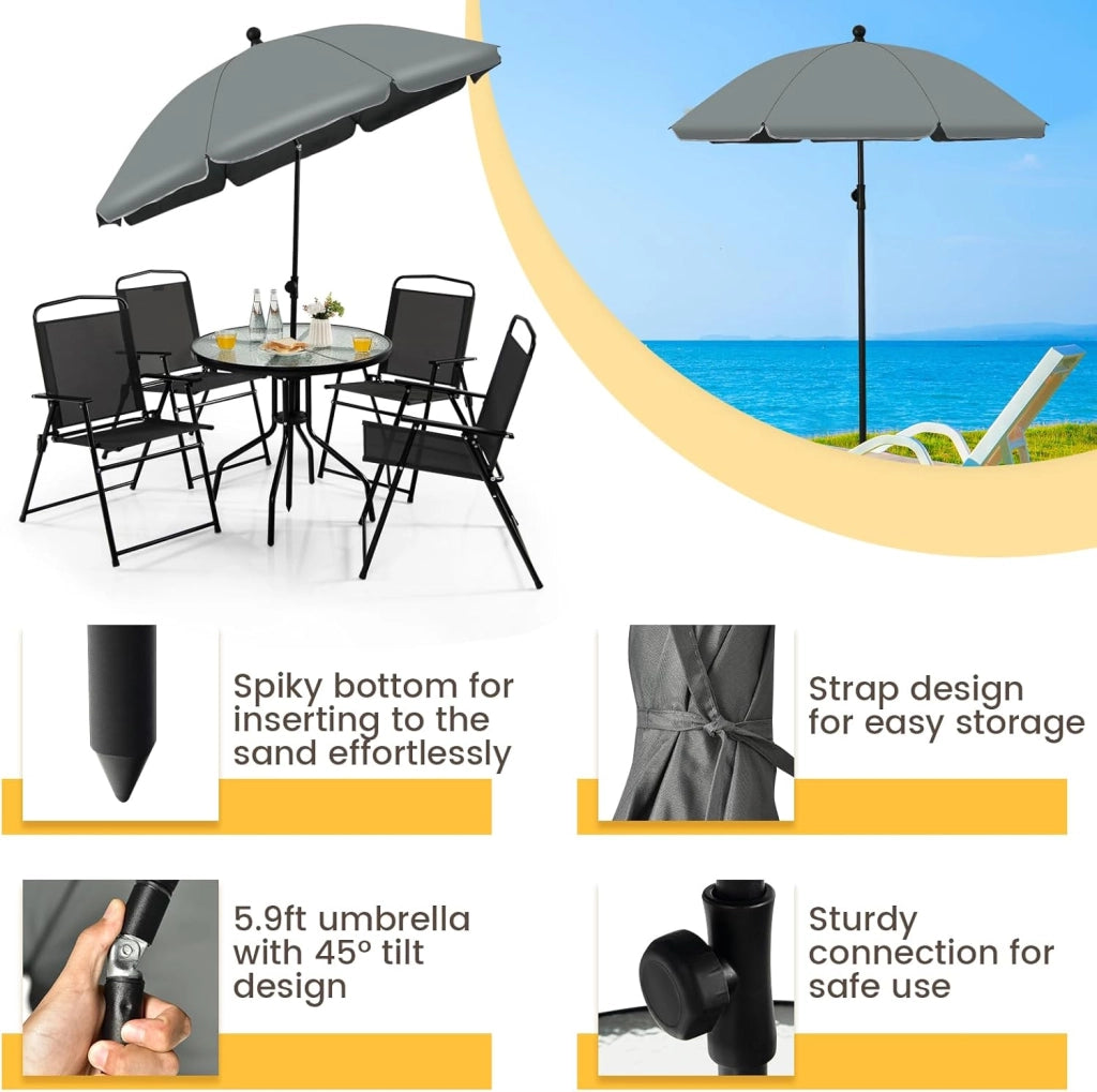 6 PCS Set da pranzo per il patio, set di mobili per il patio con ombrellone, tavolo da caffè con piano in vetro temperato e 4 sedie pieghevoli per esterni, terrazza, cortile, portico