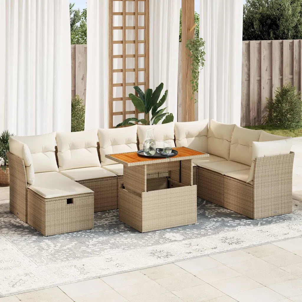 Set Divano da Giardino 9 pz con Cuscini Beige Polyrattan Acacia 3327989