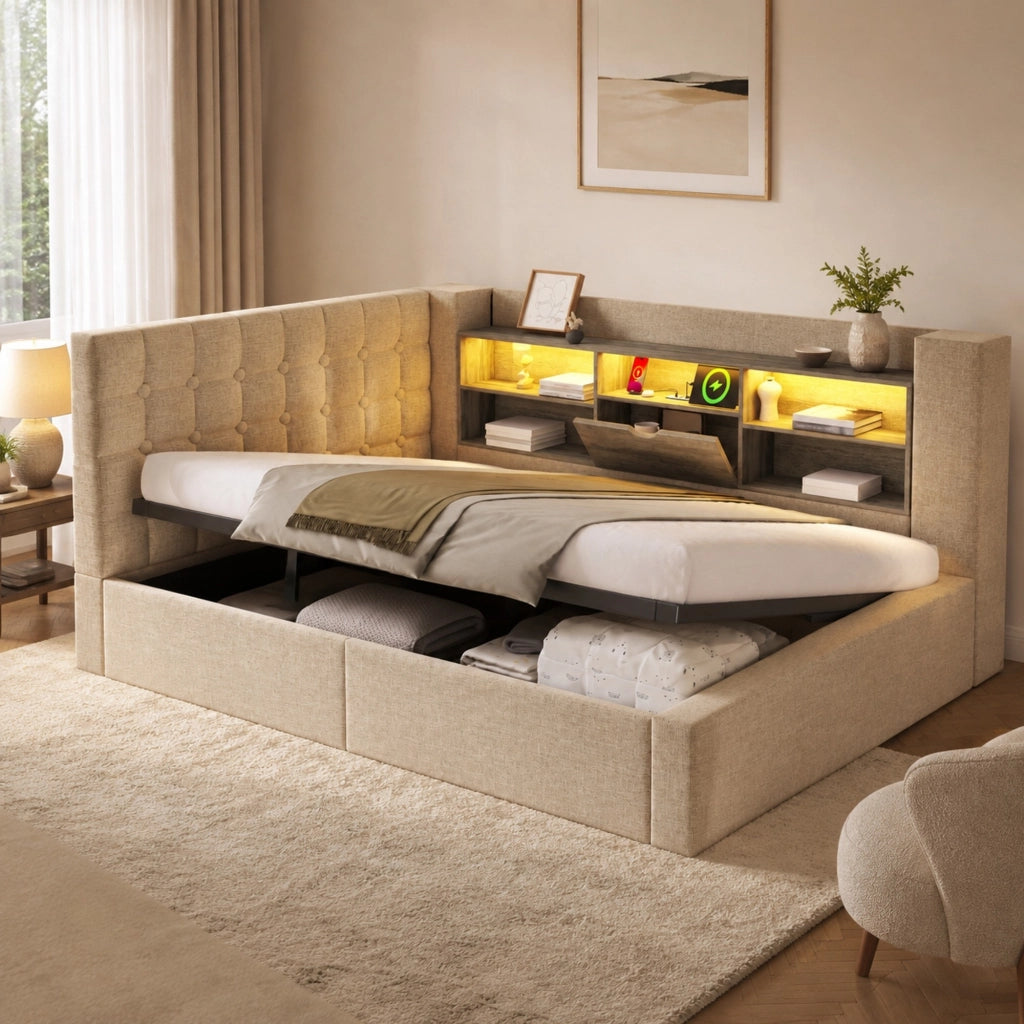 Letto imbottito 140x200 cm con LED, ricarica e contenitore