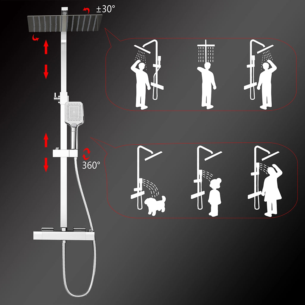 Grande soffione doccia 30x30cm con miscelatore termostatico e doccetta a 3 modi di getti, cromo
