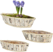 Set di 3 contenitori in legno di betulla - forma di barca - per interni e esterni - bianco/natura