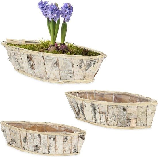 Set di 3 contenitori in legno di betulla - forma di barca - per interni e esterni - bianco/natura