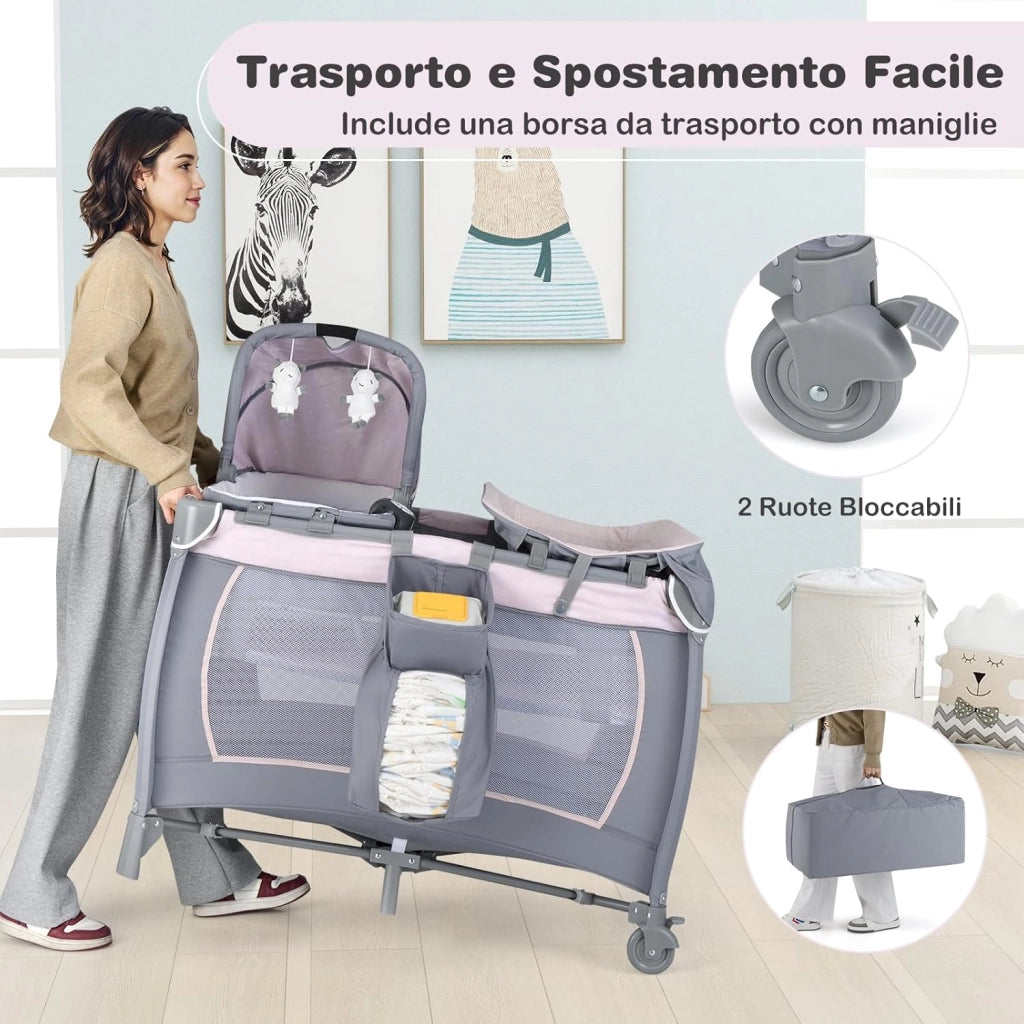 5 in 1 Culla Campeggio Bambini, Lettino Viaggio Neonati Pieghevole con Materasso, Fasciatoio, Box Portatile con Ruote, 2 Giocattoli e Carillon, per Bambini 0-3 Anni (Rosa)
