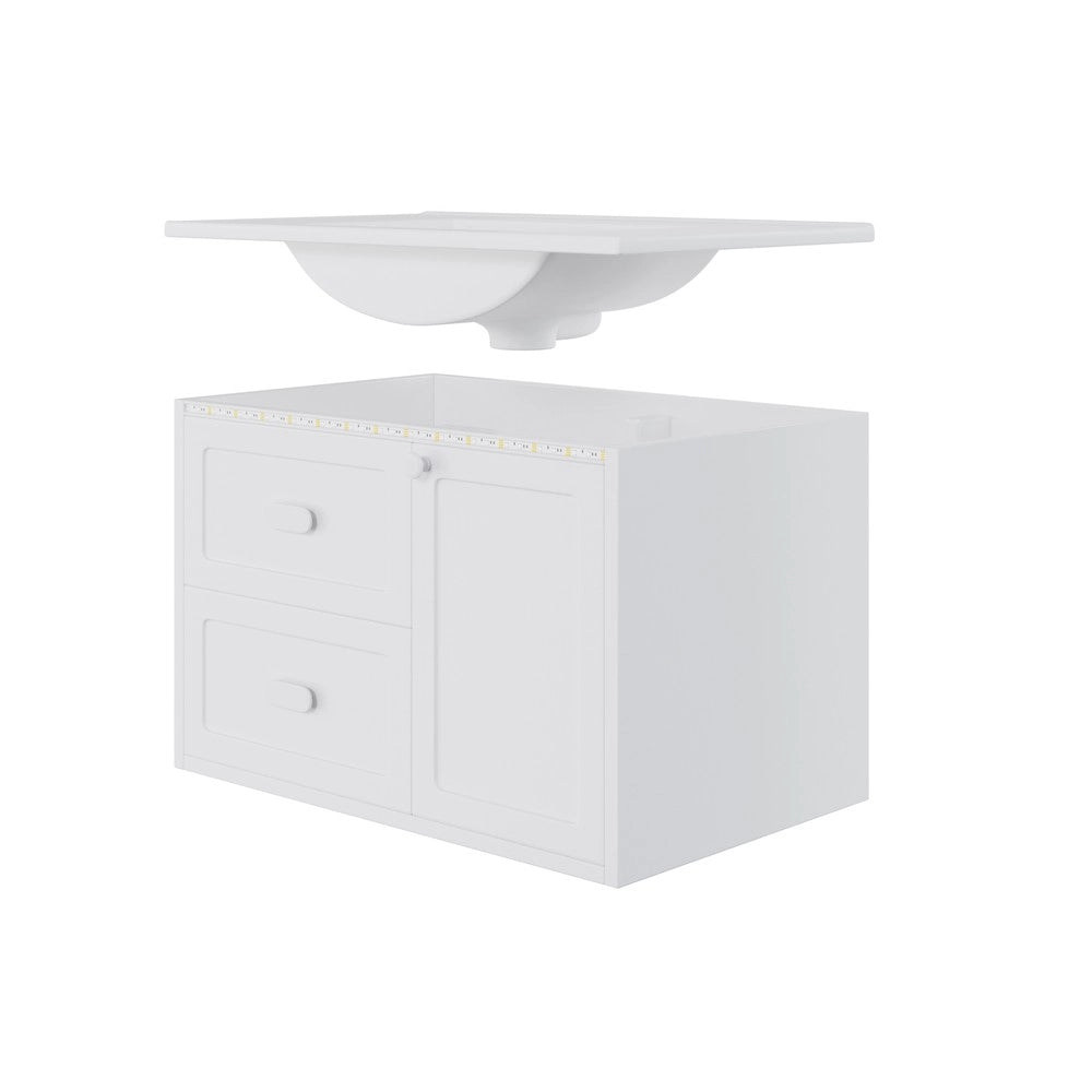 Mobile Bagno Sospeso con Lavabo Integrato e LED ¨C Xylo ¨C Bianco, 2 Cassetti, 76x46x51 cm