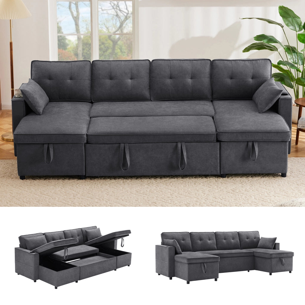 Divano letto U, trasformabile, in tessuto cotone e lino, con contenitori laterali, portabicchieri e 2 cuscini, grigio