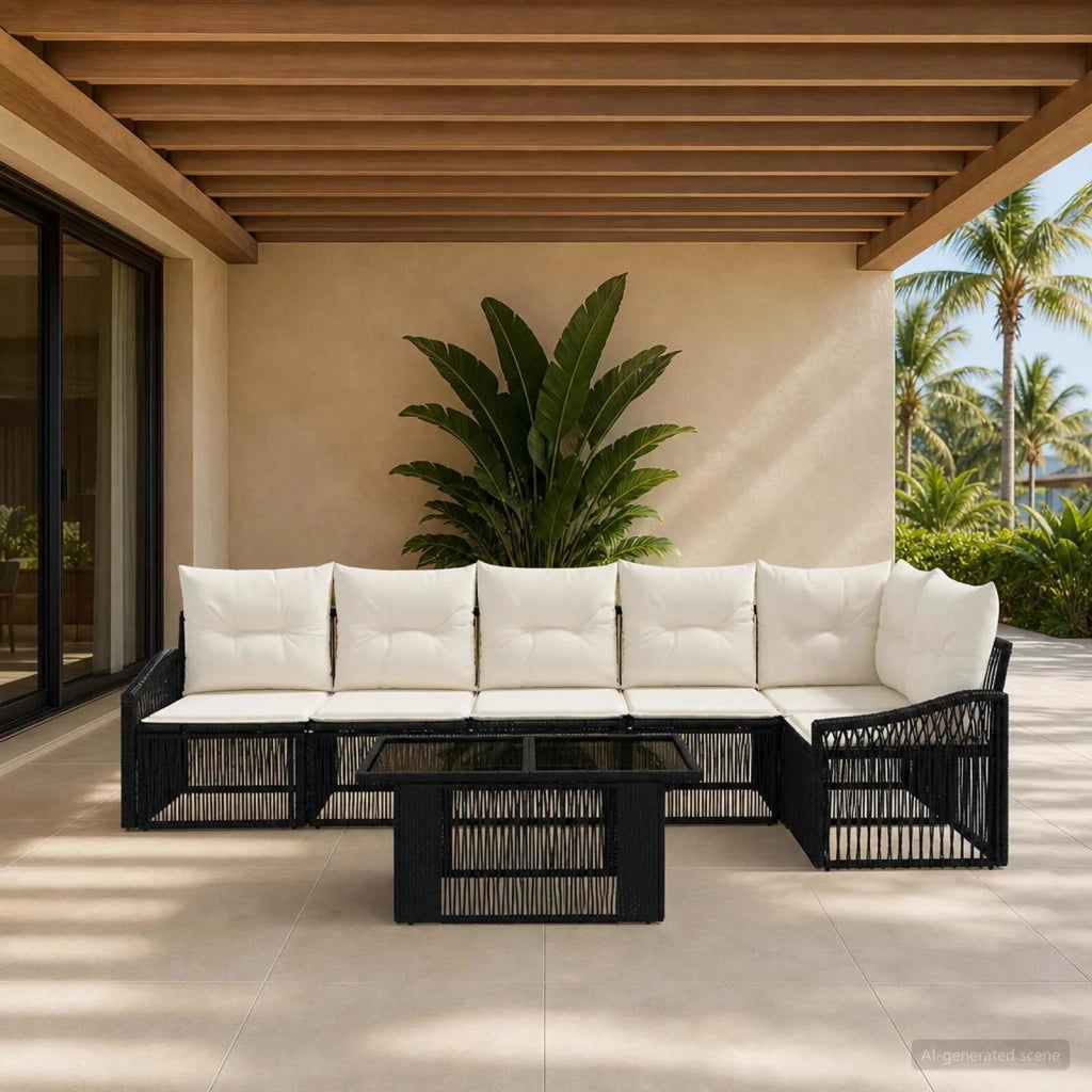 Set Divano da Giardino 7 pz Nero e Bianco Crema polyrattan 3437251