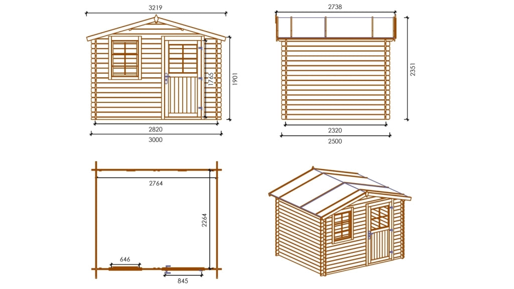 Casetta da giardino in legno - 7.5m2 - 3x2.5m - 28mm - colore: naturale - DOM469 - ALTANKA