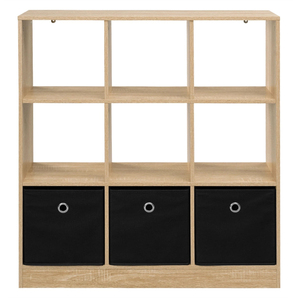 Scaffale a cubi freestanding con 3 cassetti in tessuto, libreria moderna in legno ingegnerizzato