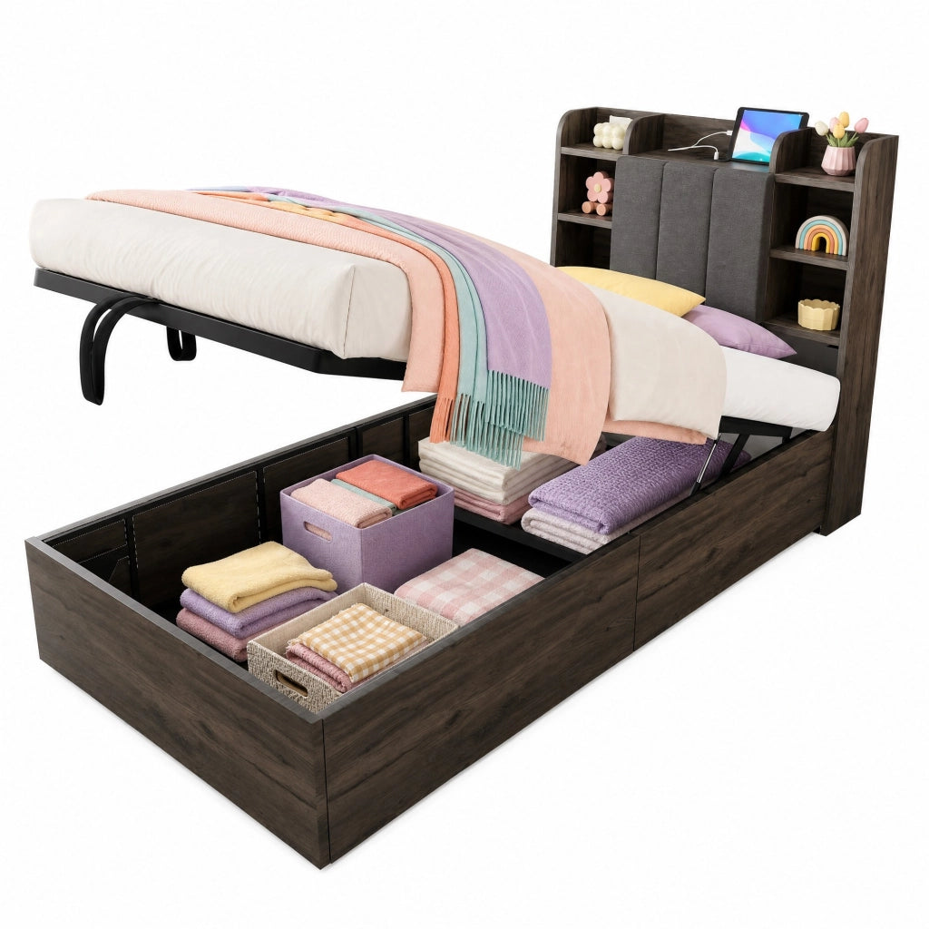Letto singolo con contenitore idraulico 90x200 cm in MDF grigio; testiera con prese USB e Type-C