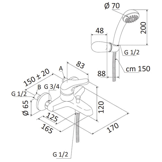 Rubinetto Miscelatore Monocomando Vasca Esterno Doccetta in Ottone Mariani Epic Cromato