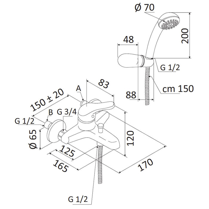 Rubinetto Miscelatore Monocomando Vasca Esterno Doccetta in Ottone Mariani Epic Cromato