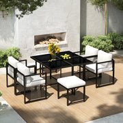 Set da pranzo da esterno 7 pezzi per 6 persone con tavolo 117x117 cm in vetro temperato; nero e bianco