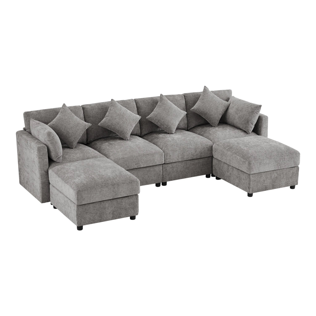 Divano modulare a L - Zephmum- Chenille, 4 cuscini decorativi, 2 poggiatesta, braccioli regolabili
