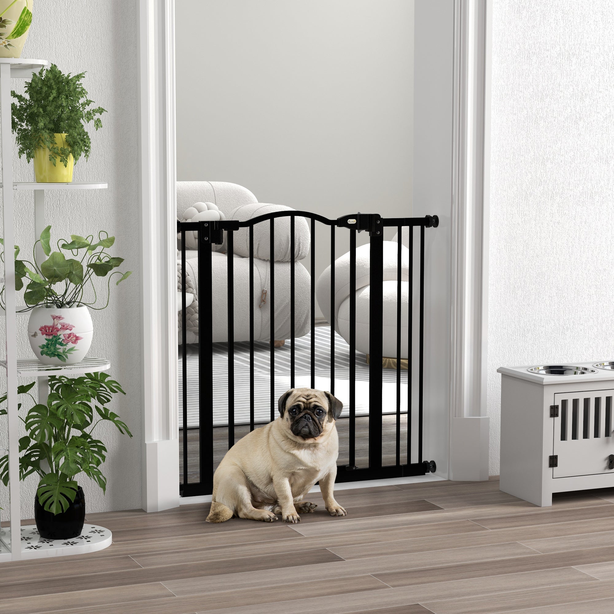 Cancelletto per Cani Estensibile 74-87x78 cm con 2 Blocchi e Chiusura Automatica in Metallo e Plastica Nero