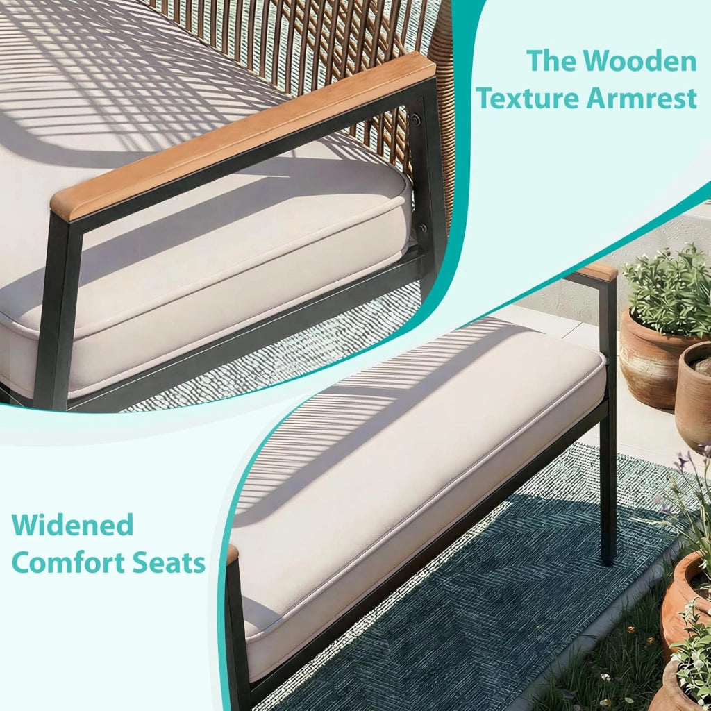 Panchina da giardino in rattan, sedia da giardino a 2 posti in polyrattan, panchina da esterno, resistente alle intemperie, braccioli in WPC, per terrazza, giardino e veranda, beige
