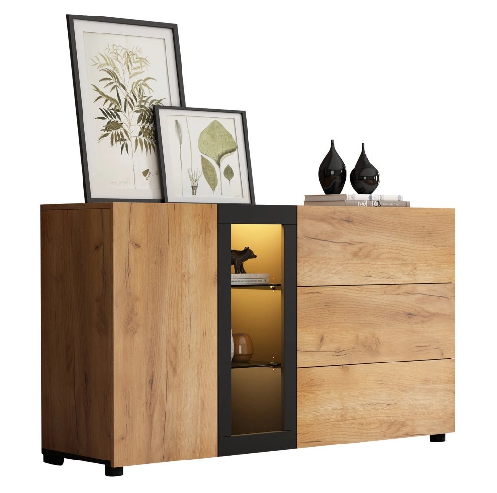 Credenza con LED APP; 3 cassetti; 1 anta e ripiani in vetro 140x40x80 cm; nero/marrone