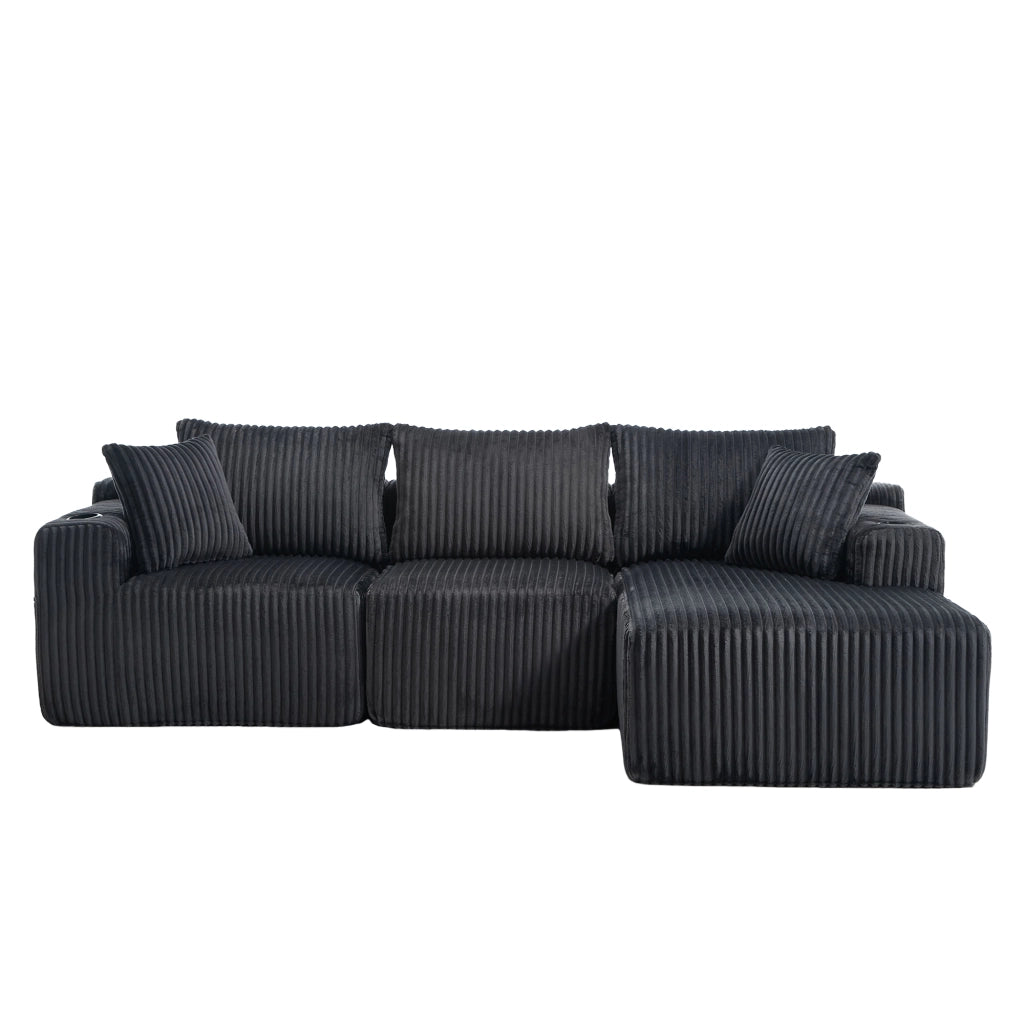 Divano modulare con chaise longue e 2 posti, rivestimento in corduroy grigio, 5 cuscini, tasche laterali e portabicchieri