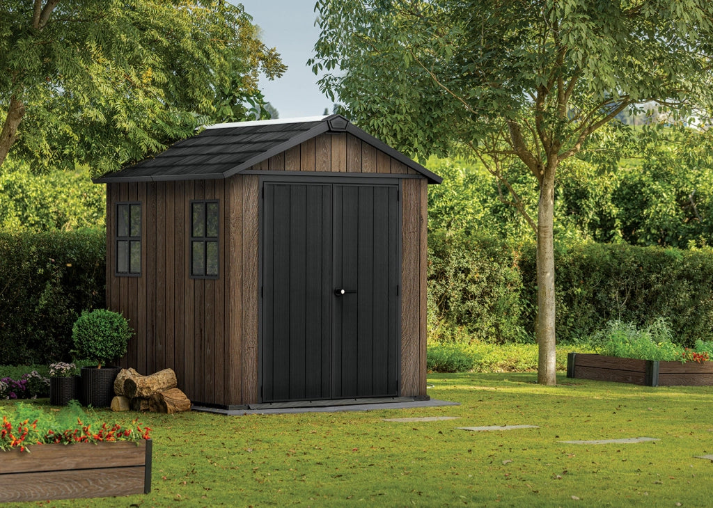 Casetta Box da Giardino 230x230x246 cm Keter Signature Apex 757/775 in Resina Effetto Legno Noce