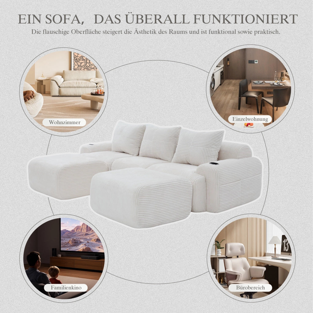 Divano modulare 3 posti con portabicchieri e tasca laterale in tessuto corduroy beige 268 × 174 × 66 cm