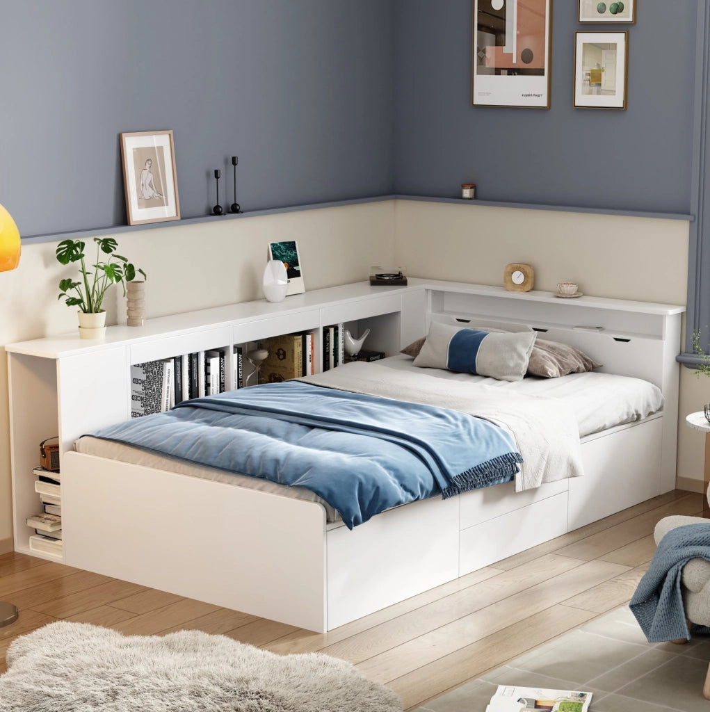 Letto per bambini 90x200 cm in MDF con 4 cassetti; librerie e spazio contenitore; bianco