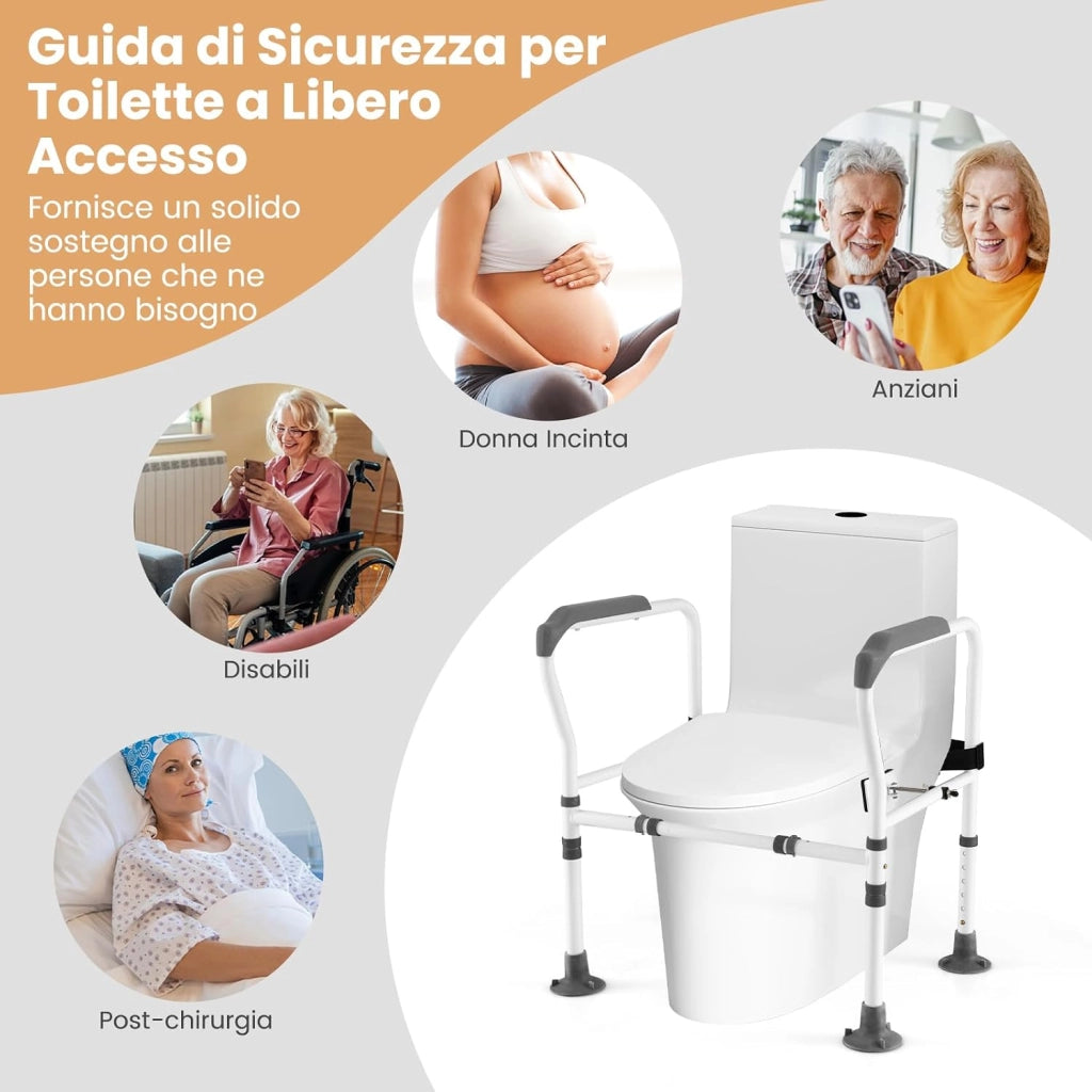 Supporto di Sicurezza Telaio Autonomo per WC, Supporto per WC Regolabile in Altezza e Larghezza con Cinghia di Fissaggio, Con Ventose Antiscivolo (Grigio)