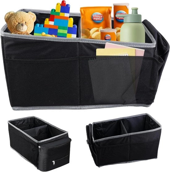 Organizzatore per bambini con molti cassetti: cassetto centrale per autostola e sedile posteriore - Organizzatore per giocattoli, libri e snack in auto: viaggiatori bambini giocattoli neri