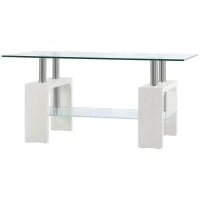 Tavolino da Caffè Moderno a 2 Livelli in Vetro e Legno, 90x50x42cm, Bianco