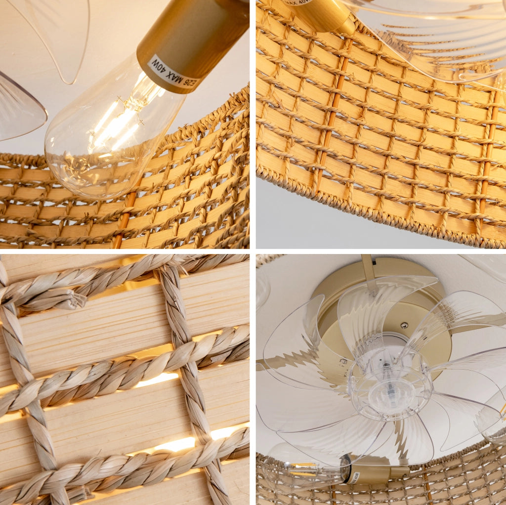 Ventilatore da soffitto con luce in rattan; controllo Bluetooth e telecomando; colore rame