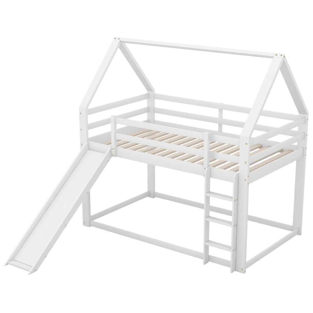 Letto a castello a casetta 90x200 cm con scivolo e scala, bianco