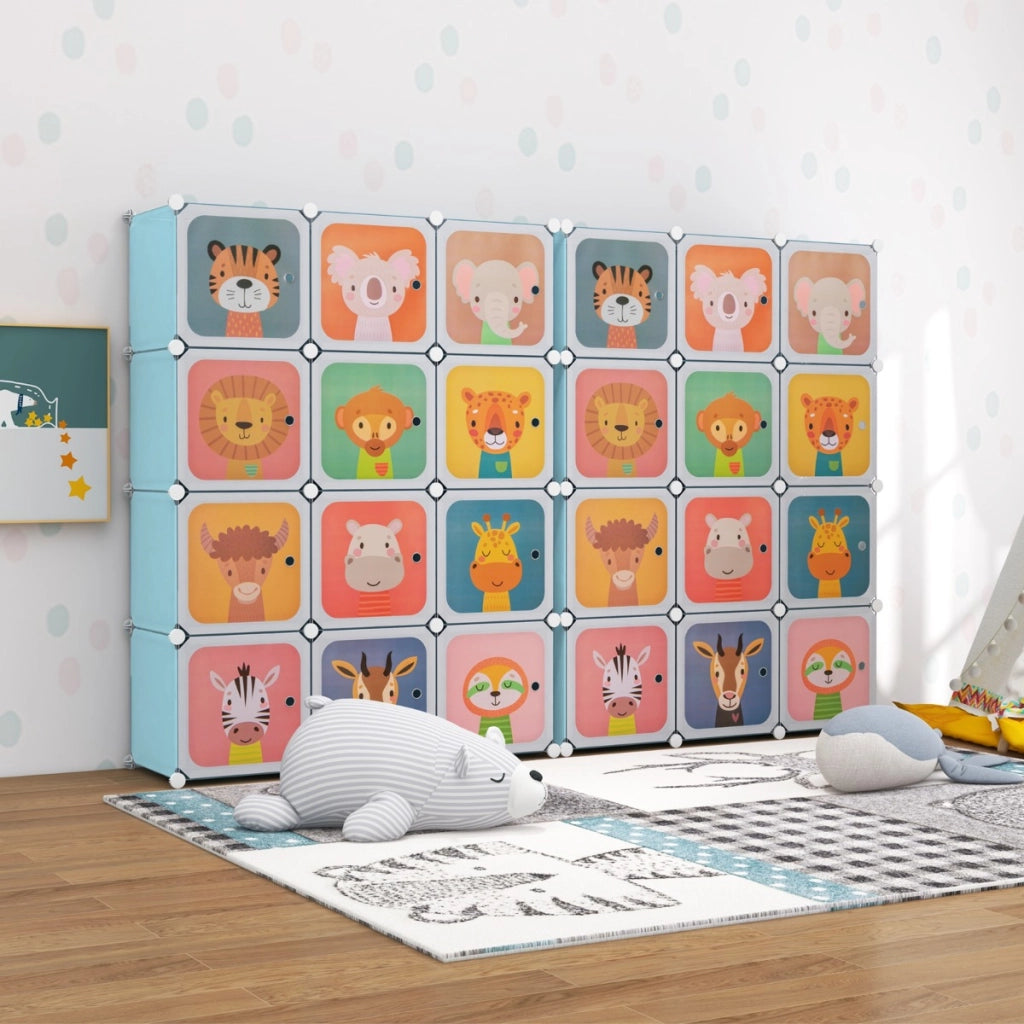 Armadio portatile per bambini, Armadio con 12 cubi con 2 sezioni appendibili com¨° con cartoon Blu