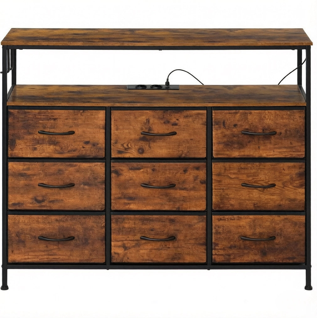Cassettiera con 9 cassetti; 2 ripiani; LED e presa multipla; 110 x 85 x 30 cm; marrone rustico e nero