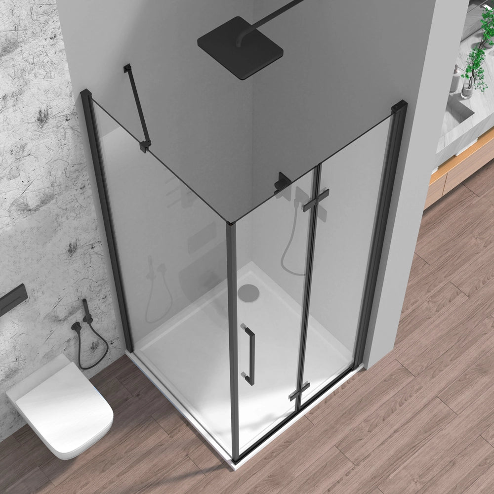 Box doccia angolare a soffietto 90x70 in vetro temperato trasparente con profili nero opaco Neos
