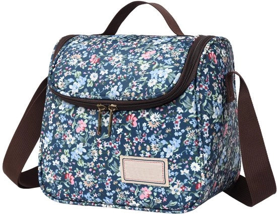 Borsa a Isolamento Termico Grande Borsa a Lattine Reutilizzabile con Disegno di Fiori e Cinturino Regolabile (6L, Blu Scuro)