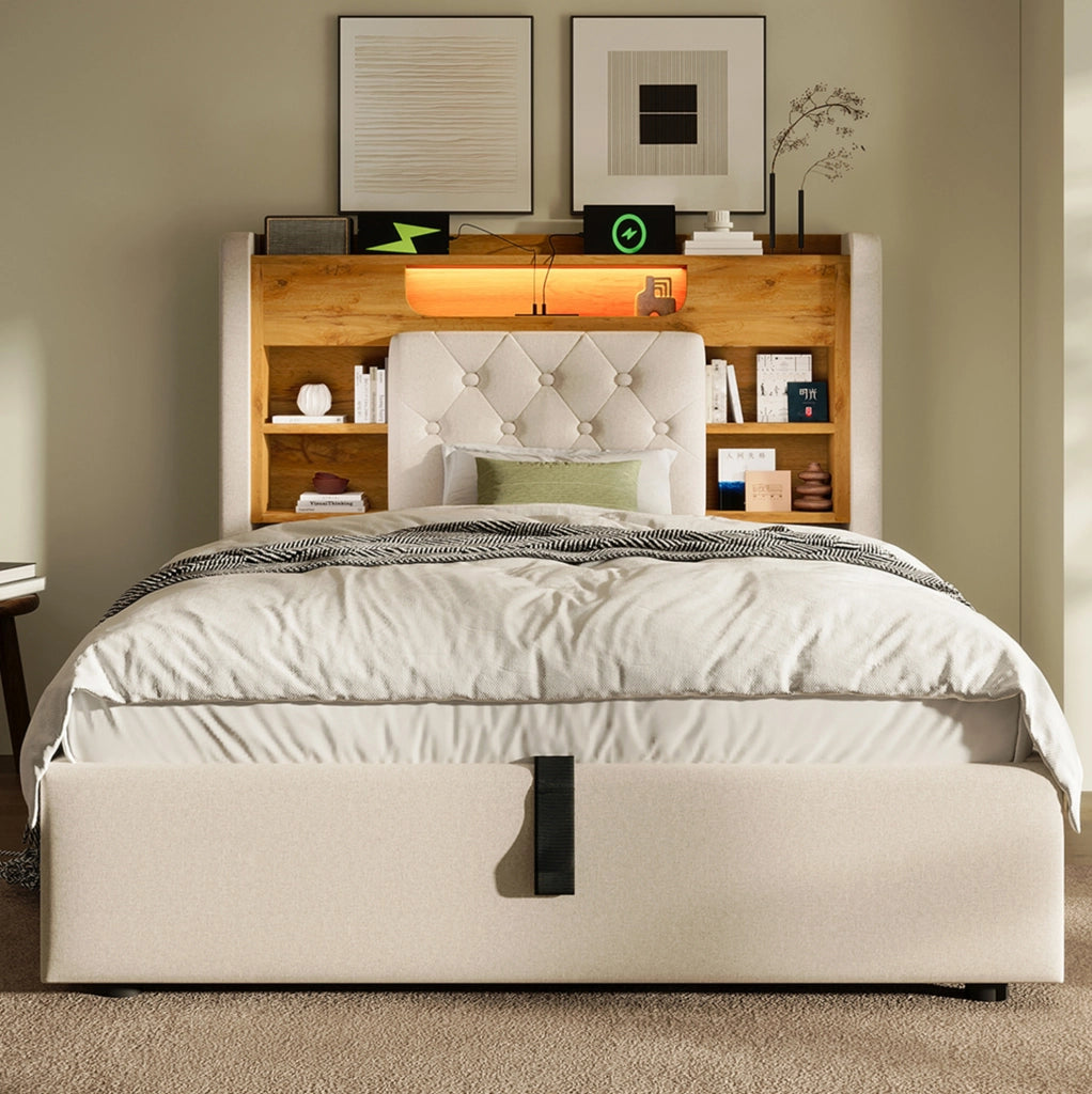 Letto matrimoniale 90x200 cm con contenitore idraulico; LED e porte USB; in lino beige