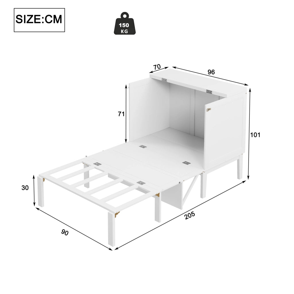 Letto a scomparsa verticale ULEVR 90x200 cm pieghevole con vani sottoletto, bianco