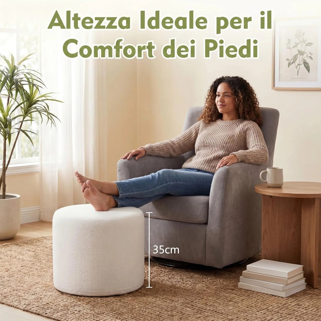 Pouf Ottomano Imbottito, Ø45 x 35 cm Poggiapiedi Rotondo con Tessuto in Filato Bouclé, Schiuma Morbida e Rivestimento Removibile, Poggiapiedi Divano per Camera da letto e Soggiorno, Beige