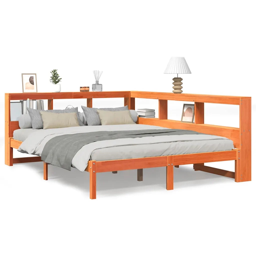 Letto Libreria senza Materasso-Struttura Letto con contenitore Marrone Cera 140x200 cm in Pino 162491