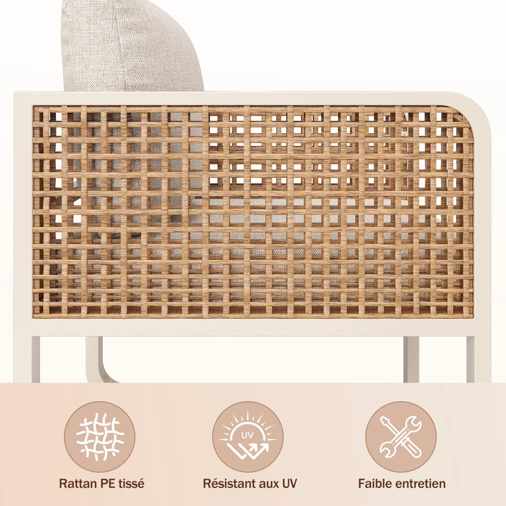 Salotto da Giardino con 2 Poltrone; 1 Divano 3 Posti; 1 Panca e 1 Tavolo; per 6-7 persone; Rattan PE; Ferro e Tessuto Impermeabile; Beige