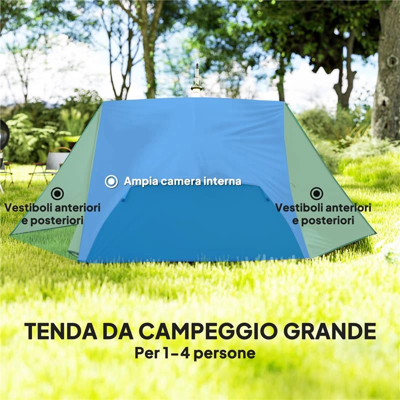 TENDA DA CAMPEGGIO 2 POSTI CON 2 VESTIBOLI 2 PORTE 2 FINESTRE E BORSA DI TRASPORTO 2.8X2.25X1.1 CM BEIGE