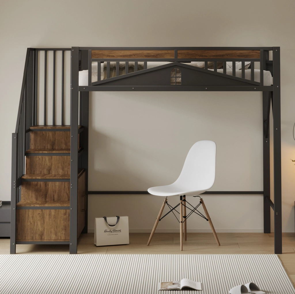 Letto a soppalco 90x200 cm in metallo e legno con scala contenitore; armadietto e barriera nera