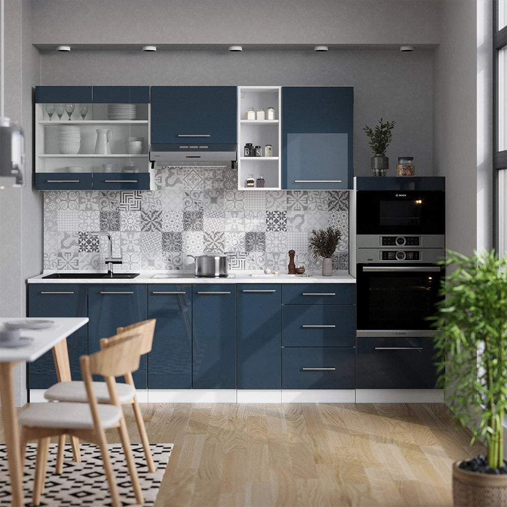 Mobili da cucina Fame-Line Blu scuro lucido/Bianco 280 cm senza piano di lavoro Vicco