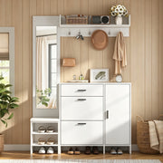 Mobile da ingresso bianco con scarpiera, specchio, panca e ganci 140x30x200 cm