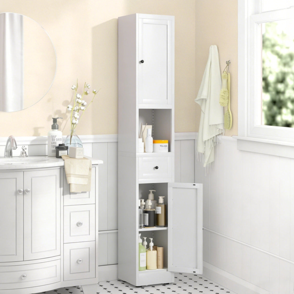 ARMADIO SALVASPAZIO 180,34 x 30 x 30 cm in metallo bianco per bagno con 2 ante e 5 ripiani