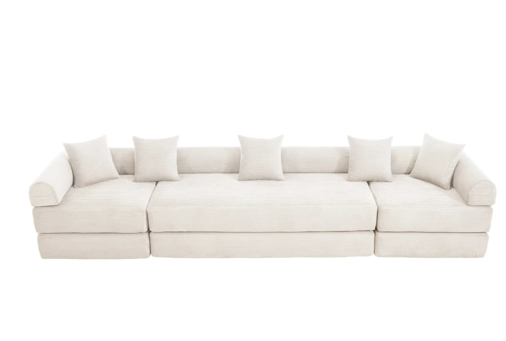 Divano modulare 270x180x64 cm con funzione letto e tasca laterale in corduroy beige