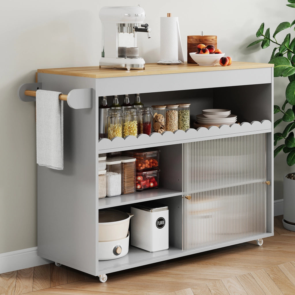 Carrello cucina 122x46(69)x91 cm con piano pieghevole e ante scorrevoli in vetro temperato; MDF grigio