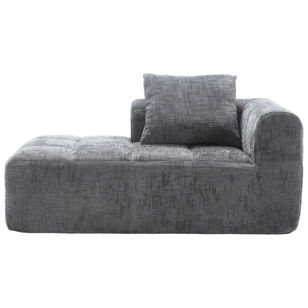 Divano chaise longue moderno in chenille grigio con cuscino e tasche laterali; 158x90x60 cm
