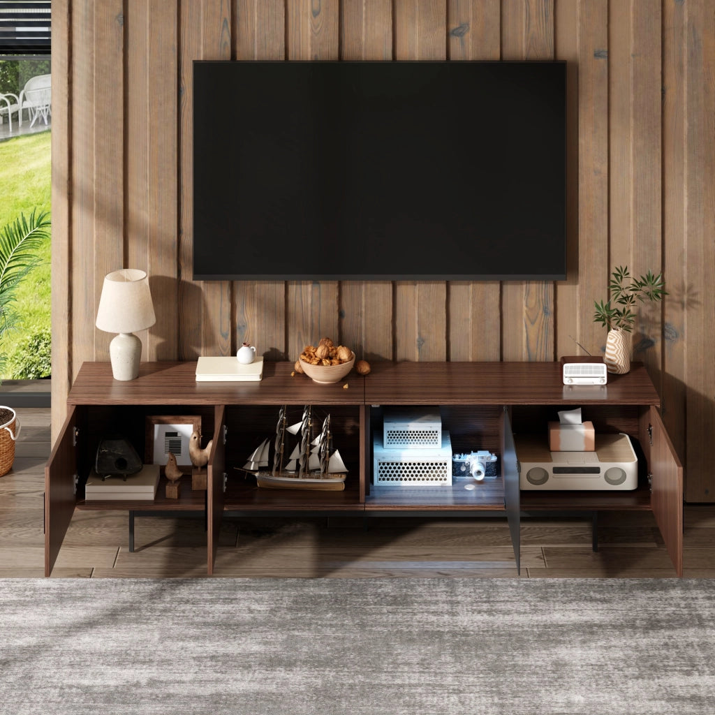 Mobile TV con texture intagliata, barra LED e anta in vetro temperato